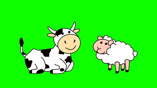 Animation of a white cow with black spots and a lamb, cartoon, on a green background.