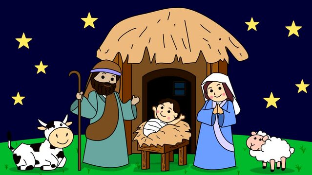 Christmas nativity scene with Joseph, Mary and baby Jesus with cow and sheep, Merry Christmas.
