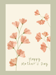 Mother's day greeting card watercolor wildflowers. Backgrounds with realistic drawing pink sweet peas flowers and leaves.