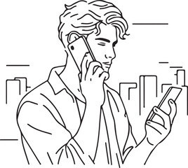 Man Using Smarphone / Man talking on phone line art vector 