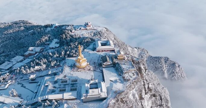 aerial top view of sunrise amazing landscape at Emei mountain summit of Sichuan China