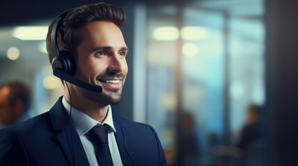 Corporate customer service agent working at desk phone headset in detailed focused office background real hd photo real authentic person not oily not glossy 