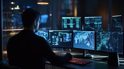 A cybersecurity professional working on multiple monitors displaying various AI-assisted cyber defense tools and algorithms, ultra sharp, super realisitc, high-end photography 