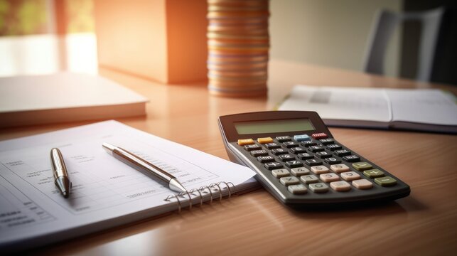 A clean and organized desk setup with a calculator, pen, notepad, and charts. An image representing financial planning and analysis. 