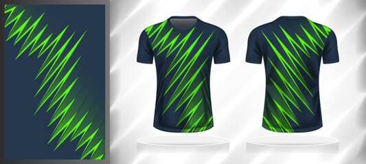 Vector sport pattern design template for V-neck T-shirt front and back with short sleeve view mockup. Shades of blue-green color abstract geometric line texture background illustration.
