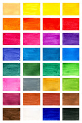 Color chart. Painting watercolors in identical rectangular cells. Color rectangles are arranged in...