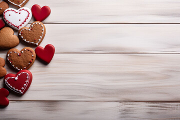 heart shaped cookies for valentines day on whiote wooden ground with space for text, valentines day background