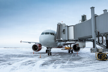 Passenger airplane at the airbridge at winter airport apron