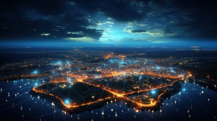 connection, digital, network, technology, communication, energy, line, wireless, connect, innovation. global media link connecting on night city background, internet, 5G communication. generate via AI