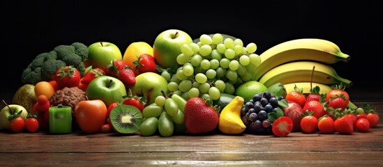 Eat healthy. Fruits, vegetables, berries. Eat vegetarian. Super food, wooden table background