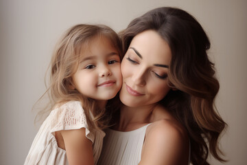 Cute little girl hugging her brunette mother. Affection and tenderness between mother and daughter