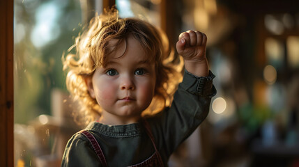 Fototapeta premium a young child raising their fist with strength and confidence,