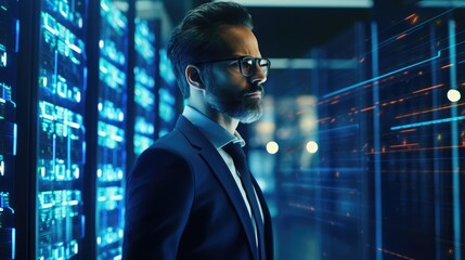 Fototapeta premium Cybersecurity businessman projecting data servers, in the style of light indigo and light azure, graphical precision, contact printing, bokeh panorama, pensive poses, high quality, 