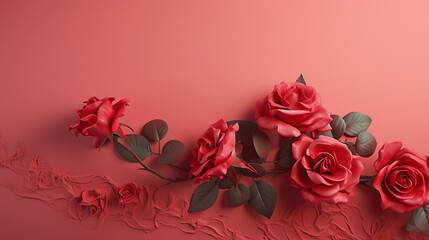 A solid pink background, red roses on it, solid texture