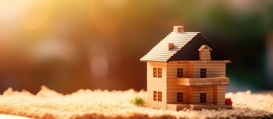 Miniature Modern house on stack of game blocks copy space house building background. Mortgage loan to buy a house or real estate property