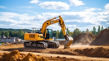 Obraz premium Excavator at sandpit during earthmoving works in the construction site.