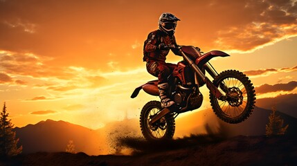 silhouette of a male motorcyclist at sunset and an off-road enduro cross-country motorcycle.