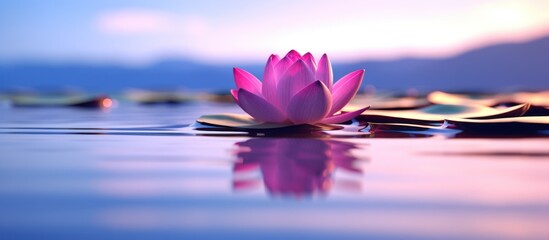 One Pink Lotus Flower amidst the calm blue and purple water - Powered by Adobe