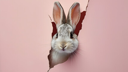 Bunny peeking out of a hole in pink wall background, fluffy cute eared bunny easter bunny banner, rabbit jump out torn hole,