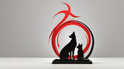 Logo dog and cat in black and red style. Free space for inscription. Vector graphics