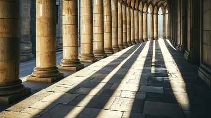 Architectural background with a line of marble columns, colonnade, pillars, sunlight and long shadows. Abstract background.