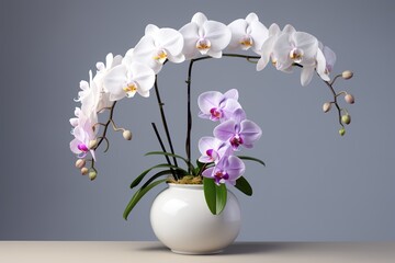very beautiful white orchid flowers in a vase on the table, white background
