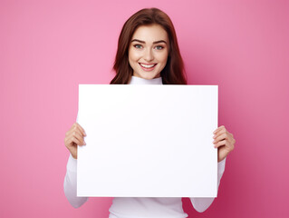woman standing on a pink background and holding a blank white sheet 