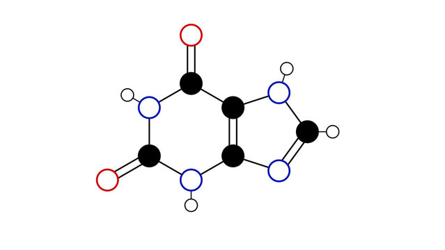 xanthine molecule, structural chemical formula, ball-and-stick model, isolated image archaically xanthic acid