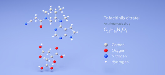 tofacitinib citrate molecule, molecular structures, antirheumatic drug, 3d model, Structural Chemical Formula and Atoms with Color Coding