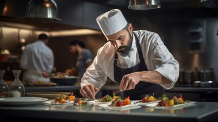 man in hat serving meal in restaurant kitchen