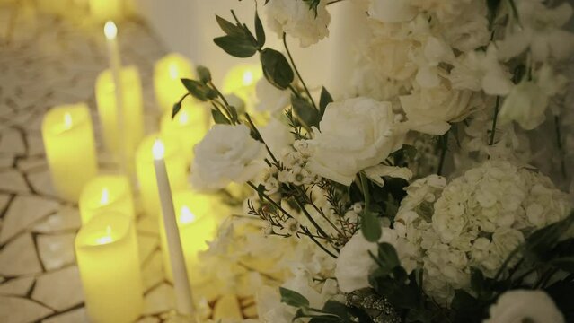 Wedding decor candle catering dinner tabel luxury event. Close-up shooting.