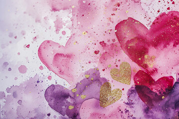 colorful hearts in watercolor style on a watercolor background, valentines day background