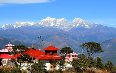 Fototapeta na wymiar Gauritap temple in Solukhumbu with Everest view. beautiful landscape from Solukhumbu, Nepal.
