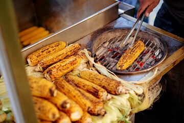 Grilled corn sales at the street food court in Turkey