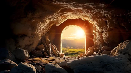 Fotobehang empty tomb of Jesus Christ at sunrise resurrection © john