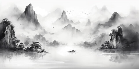 Black and white watercolor paintings of nature, mountains, rivers, clear skies and wildlife.