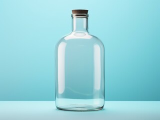 Clear glass bottle for mockup or product presentation on blue background.