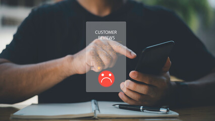 Customer Experience dissatisfied Concept, Unhappy Businessman Client with Sadness Emotion Face on smartphone screen, Bad review, bad service dislike bad quality, low rating, social media not good. - obrazy, fototapety, plakaty