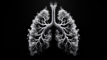 Human lungs with smoke effect isolated on black background, conceptual respiratory health image, smoking and healthcare concept