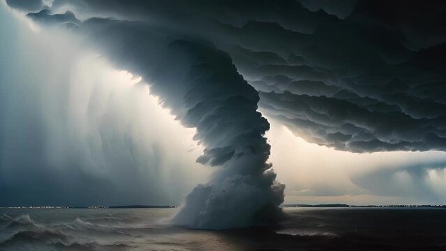 A detailed closeup of a foamy waterspout spinning quickly and dangerously against a dark sky.