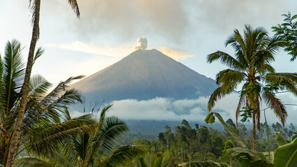 Fototapeta na wymiar Eruption of Volcano Semeru on the island of Java. The volcano emits ash and smoke. Natural disaster. December 2022.