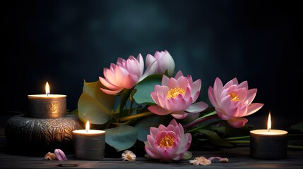 very beautiful lotus or water lily flowers on the table with candles, zen style background