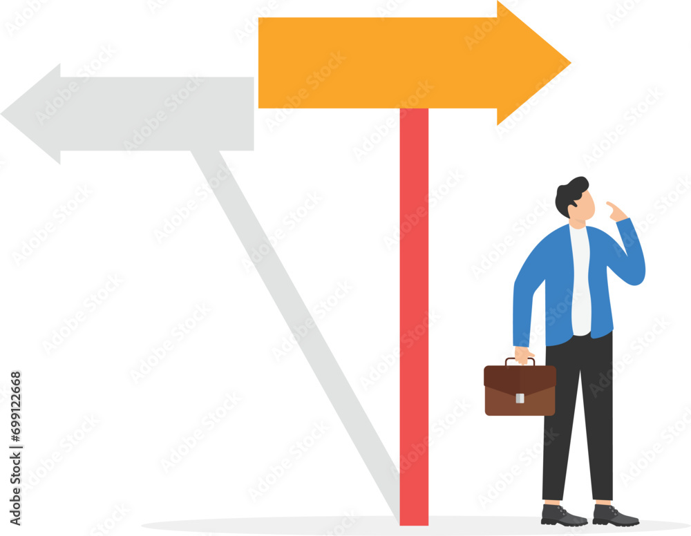 Poster businessman confused with the direction of the arrow sign. the arrow shadow in opposite direction