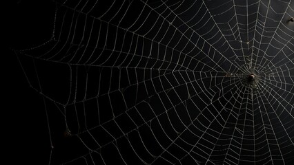 Creepy light spider web stretches over deep black background, halloween themed background.