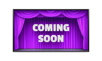 Coming Soon poster with stage curtains revealing a message. Cable tv show advertisement, movie premiere poster etc. Png clipart isolated on transparent background