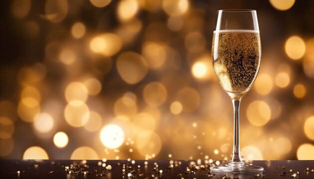 A glass of champagne with gold background of a blurry image of lights and bokeh.