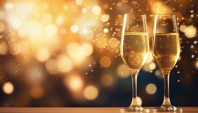A glass of champagne with gold background of a blurry image of lights and bokeh.