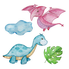 Watercolor cute baby dinosaurs set