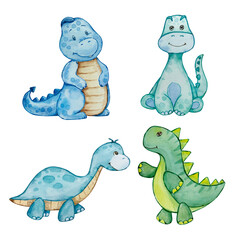 Watercolor cute baby dinosaurs set