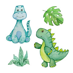 Watercolor cute baby dinosaurs set